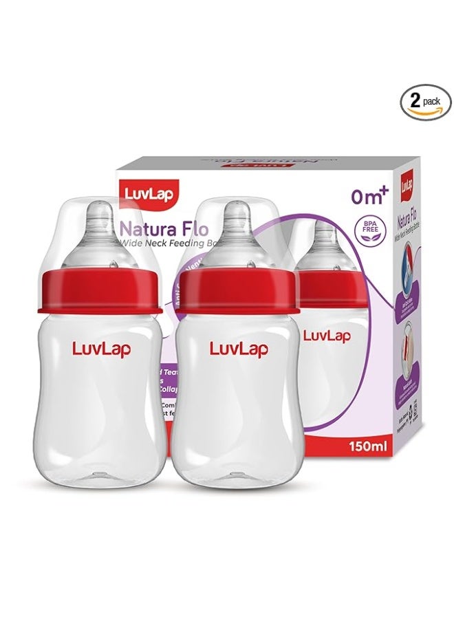 LuvLap Anti-Colic Wide Neck Natura Flo Baby Plastic Feeding Bottle, 150Ml (Pack of 2), New Born/Infants/Toddler Upto 3 Years, BPA Free - Image 1